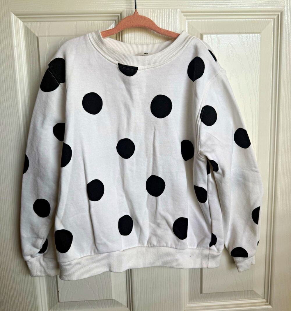 H&M Kids 5-6Y White/Black Polka Dot Fleece Pullover Sweatshirt Crew, Good